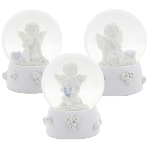 Boite de 12 boules a neige en verre avec ange et coeur - H 5.80 cm (4 lots de 3 anges assortis).