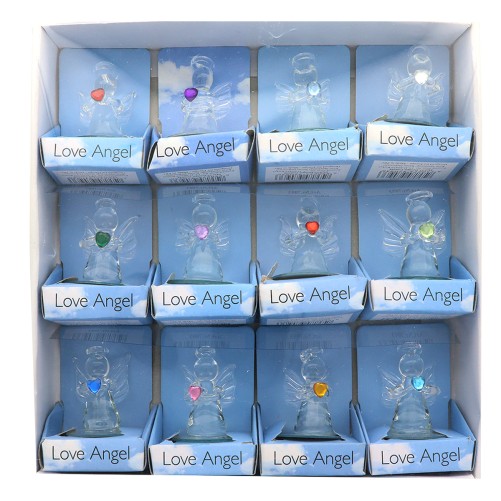 Ange en verre avec cœur H. 5cm Livre dans une boite présentoir de 12 anges assortis.