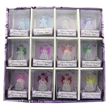 Ange en verre robe torsadee H. 7,7 cm. Livre dans une boite presentoir de 12 anges couleurs assortis. ARRIVAGE NOVEMBRE 2025.