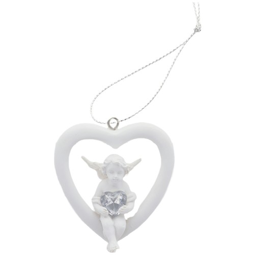 Boite de 12 anges dans coeur avec coeur strass a suspendre. H. 6 cm.