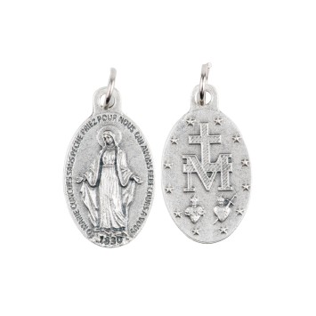 Médaille métal couleur argentée de la Vierge Miraculeuse H. 2,5 cm inscription en Francais..