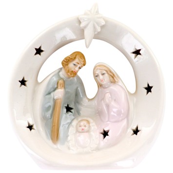 Nativité en porcelaine lumineuse avec arche hauteur 13.40 cm.
