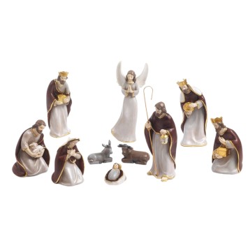 Crèche résine style céramique peinte à la main de 10 personnages H. 19.2 cm.
