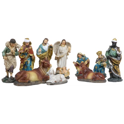 Creche en resine style Napolitaine de 11 personnages H. 14.50 cm.