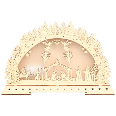 Creche decor hiver en bois avec lumiere (piles non fournies) 42 x H 26,50 cm..