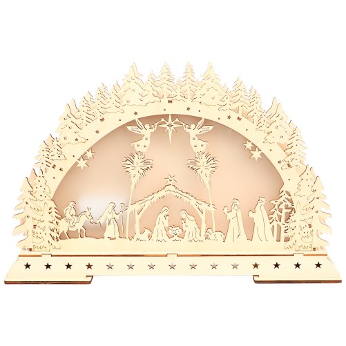 Creche decor hiver en bois avec lumiere (piles non fournies) 42 x H 26,50 cm..