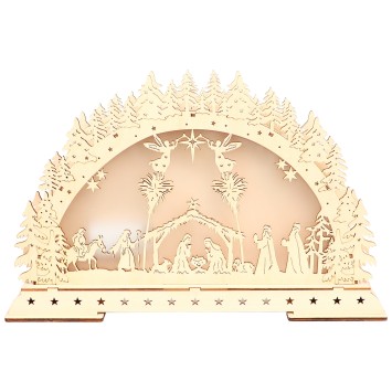 Creche decor hiver en bois avec lumiere (piles non fournies) 42 x H 26,50 cm..