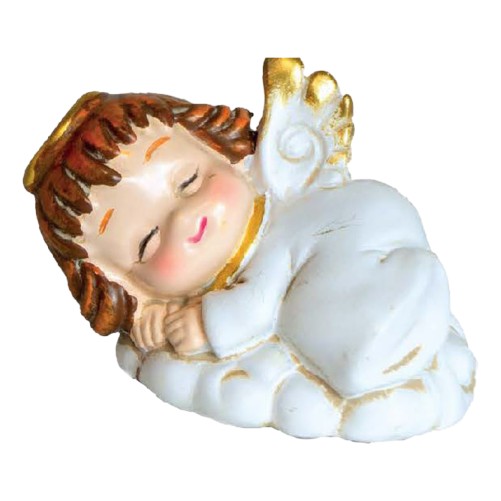 Petit ange couche en résine, couleur dorée et blanche H. 4 cm.