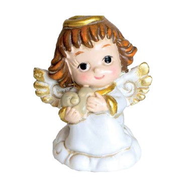 Petit ange en résine avec cœur couleur dorée et blanche H. 4 cm.