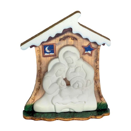 Cabane en bois avec nativité en résine H. 11 cm.