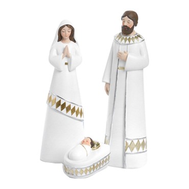 Nativité 3 pièces en résine blanche et couleur or peinte à la main H. 17.4 cm.