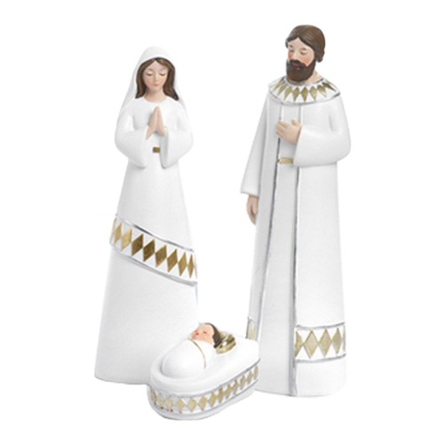 Nativité 3 pièces en résine blanche et couleur or peinte à la main H. 17.4 cm.