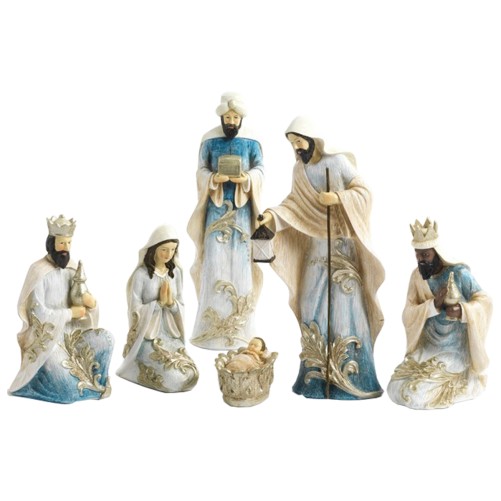 Crèche 6 personnages en résine peinte à la main couleur argent brillant H. 24.4 cm.