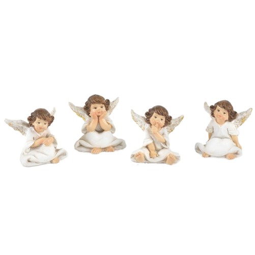 Assortiment d'anges assis en résine couleur blanc et or H. 4,3 cm - LOT DE 4.