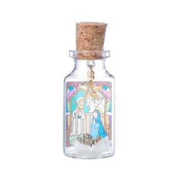 Bouteille en verre décor Nativité, étoile strass suspendue et Jésus en métal vieilli, 2,6 × 6 cm