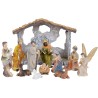 Creche en resine peinte a la main de 11 personnages H. 5.3 cm + cabane H. 8.5 cm..