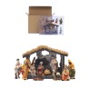 Creche en resine peinte a la main de 11 personnages H. 5.3 cm + cabane H. 8.5 cm..