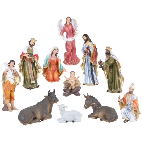 Crèche en résine polychrome peinte à la main, 11 personnages, H 45 cm