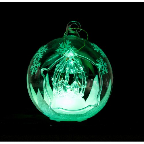 Boule de Noël en verre avec scène de nativité et lumière LED tournante. Ø 10 cm. Effet lumineux changeant.