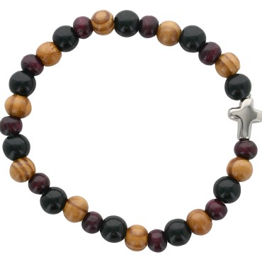 Bracelet dizainier sur élastique, grains en bois multicolores Ø 8 mm croix métal..