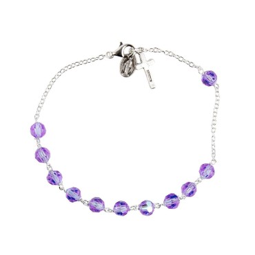 Bracelet dizainier en argent 925 °/°° grains swarovski violet, Ø 7 mm, croix et médaille V. Miraculeuse, livré en boîte..