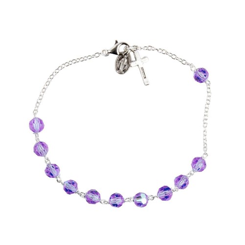 Bracelet dizainier en argent 925 °/°° grains swarovski violet, Ø 7 mm, croix et médaille V. Miraculeuse, livré en boîte..