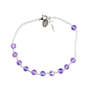Bracelet dizainier en argent 925 °/°° grains swarovski violet, Ø 7 mm, croix et médaille V. Miraculeuse, livré en boîte..