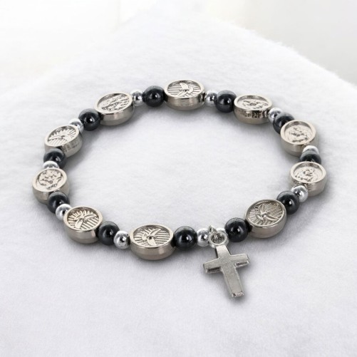 Bracelet élastique avec médaille de l’Esprit Saint et grains en hématite..