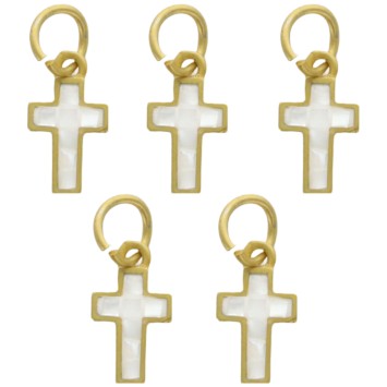 Croix de cou, petit modèle, couleur dorée et intérieur couleur blanc nacre, H. 1,2 cm. LOT DE 5.