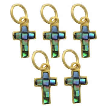 Croix de cou, petit modèle, couleur dorée et intérieur couleur bleu/vert nacre, H. 1,2 cm. LOT DE 5.