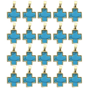 Croix de cou carrée couleur dorée, facette style turquoise, H. 1,5 cm. LOT DE 5.
