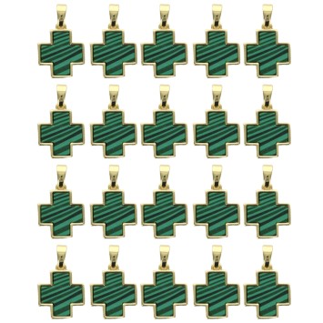 Croix de cou carrée couleur dorée, facette style malachite, H. 1,5 cm. LOT DE 5.
