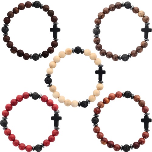 Bracelet sur élastique grains en bois et pierre de lave Ø 8 mm avec croix en pierre. LOT DE 5 ASSORTIS..