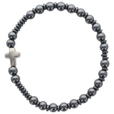 Bracelet sur élastique grains en hématite et croix métal..