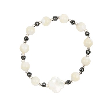 Bracelet dizainier sur élastique grains en nacre et hématite Ø 7 mm avec croix nacre..