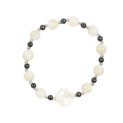 Bracelet dizainier sur élastique grains en nacre et hématite Ø 7 mm avec croix nacre..