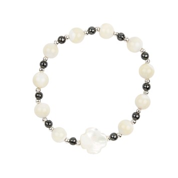 Bracelet dizainier sur élastique grains en nacre et hématite Ø 7 mm avec croix nacre..