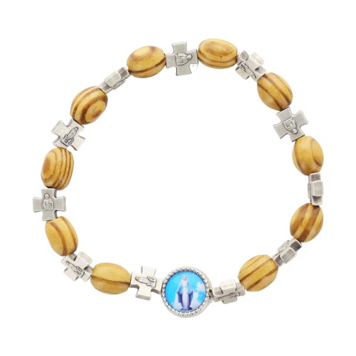 Bracelet dizainier sur élastique grains en bois Ø 9 mm et grains croix en métal, avec résine VM.