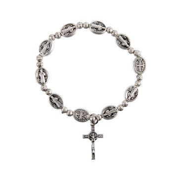 Bracelet dizainier couleur argentée, médaille de saint Benoit Ø 7 mm, avec croix..