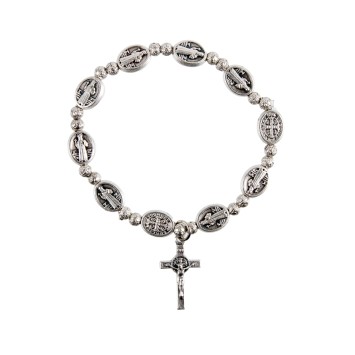 Bracelet dizainier couleur argentée, médaille de saint Benoit Ø 7 mm, avec croix..