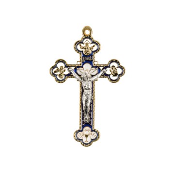 Croix baroque couleur dorée et emaillée en bleu et blanc avec Christ métal couleur argentée - H. 8,5 cm..