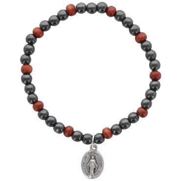 Bracelet dizainier sur élastique pour enfant grains en hématite et bois avec médaille de la V. Miraculeuse..