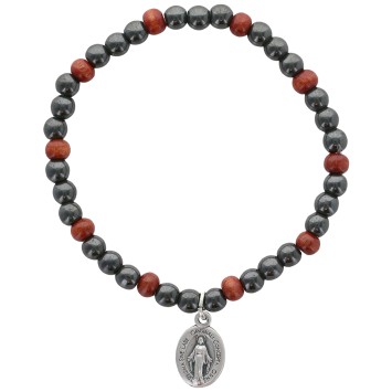 Bracelet dizainier sur élastique pour enfant grains en hématite et bois avec médaille de la V. Miraculeuse..