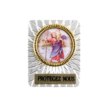 Plaque auto striée H. 3,4 cm en alu avec résine saint Christophe..