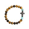 Bracelet sur élastique en pierre naturelle œil de tigre mat et turquoise synthétique Ø 7 mm avec croix..