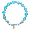 Bracelet sur élastique en pierre de lune synthétique Ø 8 mm & coquille naturelle avec croix acier inoxydable. LOT 5 ASSORTIS.