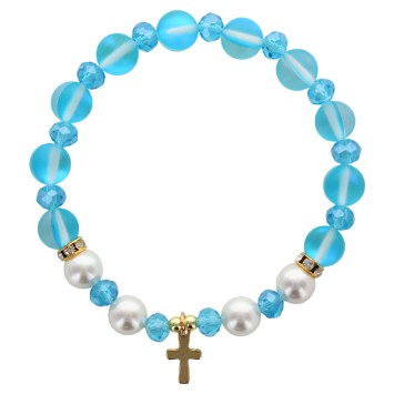 Bracelet sur élastique en pierre de lune synthétique Ø 8 mm & coquille naturelle avec croix acier inoxydable. LOT 5 ASSORTIS.