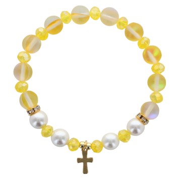 Bracelet sur élastique en pierre de lune synthétique Ø 8 mm & coquille naturelle avec croix acier inoxydable. LOT 5 ASSORTIS.
