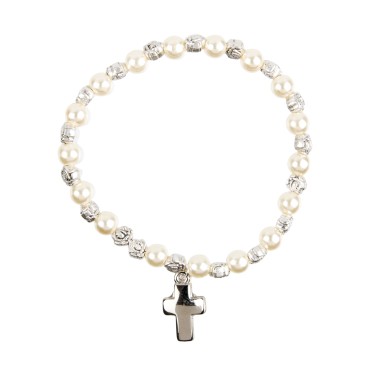 Bracelet sur élastique grains nacrés blancs Ø 6 mm, avec croix..