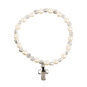 Bracelet sur élastique grains nacrés blancs Ø 6 mm, avec croix..